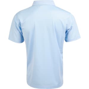 A light blue men's polo shirt with short sleeves, featuring a classic collar and a logo.