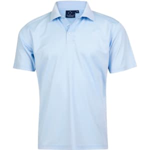 A light blue men's polo shirt with a collar, short sleeves, and a logo on the chest area.