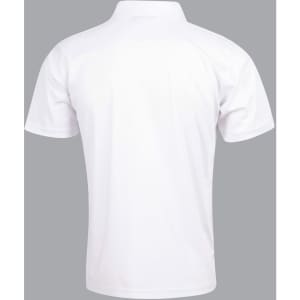 A white men's polo shirt featuring a classic collar and short sleeves, with a logo on the back.