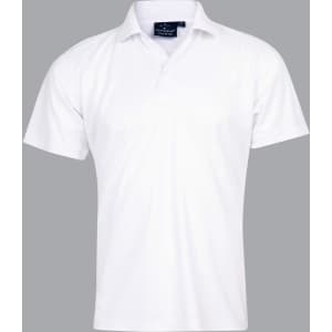 A white short-sleeved polo shirt with a collar and a logo on the upper section.