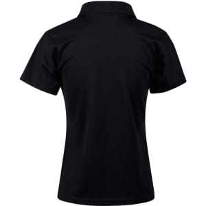 A black ladies' polo shirt with short sleeves and a classic collar, featuring a logo on the back.