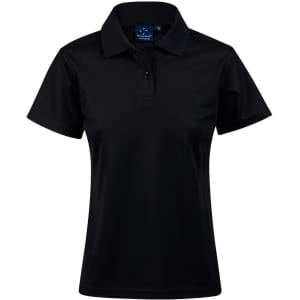 Black ladies' short-sleeve polo shirt with a classic collar and branded label.