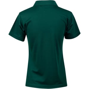 A short-sleeve polo shirt in green, featuring a classic collar and smooth texture, with a logo on the back.