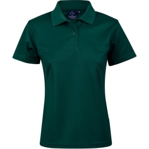 A dark green ladies' polo shirt with a collar and a logo on the chest. Features short sleeves and a classic fit.