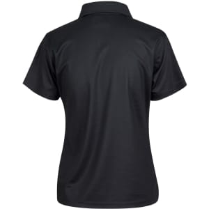 A black short-sleeved polo shirt with a collar, featuring a logo on the back.