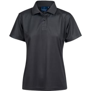 A black women's polo shirt featuring a classic collar, short sleeves, and a logo on the label.