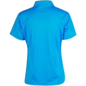 A blue short-sleeved polo shirt with a plain design and a collar, featuring a logo on the back.