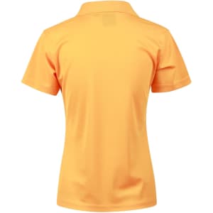 Ladies' short-sleeve polo shirt in bright orange with a collar and a logo on the back.