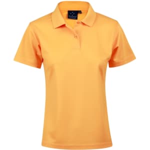 A ladies' short-sleeve polo shirt in bright orange with a collar and a logo on the upper section.