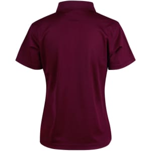 A burgundy ladies' polo shirt with a short sleeve and a standard collar, featuring a logo on the back.