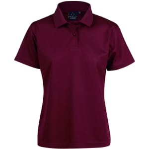 A maroon short-sleeve polo shirt with a collar and a logo. Ideal for casual or sporty wear.