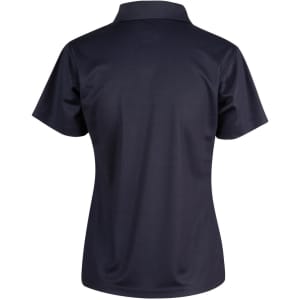 A navy blue ladies' short-sleeve polo shirt featuring a smooth fabric finish and a collar. Includes a logo.