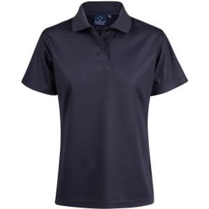 A navy blue ladies' polo shirt with a classic collar and short sleeves. It features a logo on the label.