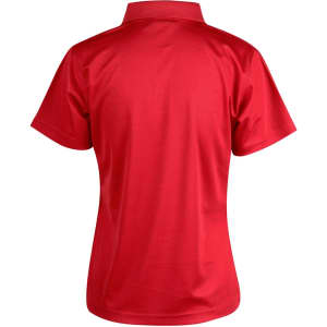 A red Ladies' Cooldry pique short-sleeve polo shirt with a collar and a logo on the back.