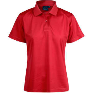 A red ladies' polo shirt with a short sleeve, featuring a collar and buttons, and includes a logo.