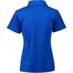 A blue ladies' short-sleeve polo shirt featuring a collar and a plain back. It has a logo at the back.