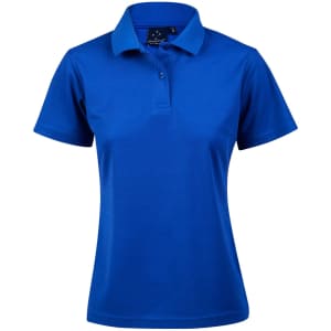 A blue ladies' polo shirt with short sleeves and a collar, featuring a logo on the upper left.