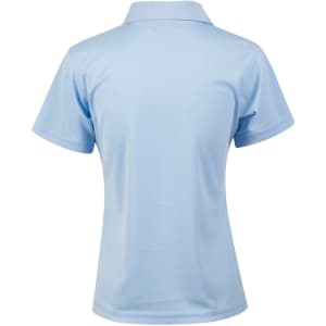 A light blue women's polo shirt with a short-sleeved design and a collar. It has a logo on it.