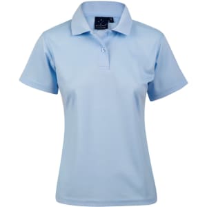 A light blue ladies' polo shirt with a collar, short sleeves, and a logo on the label.