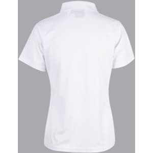 A white short-sleeved polo shirt with a collar, featuring a logo on the back.