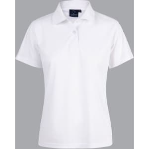 A white ladies' polo shirt made from Cooldry fabric, featuring a classic collar and short sleeves. It has a logo.