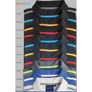 Stack of kids' ultra dry short sleeve contrast polo shirts in various colours including black, navy, ash, and royal.