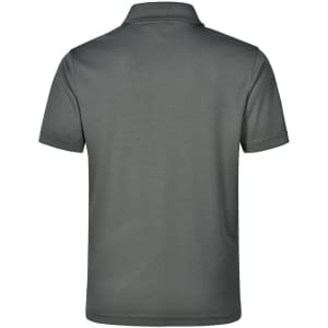 A grey kids' polo shirt featuring a classic short sleeve design and a logo on the back.