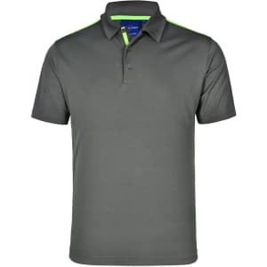 A grey kids' polo shirt with short sleeves and contrast green detailing on the collar and shoulders, featuring a logo.