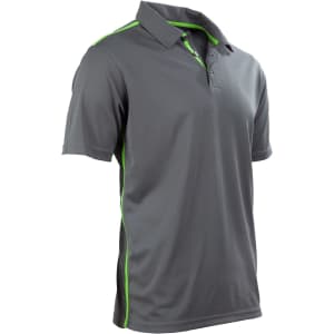 A grey short sleeve polo shirt features green contrast detailing and includes a logo.