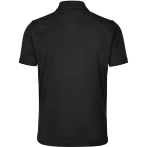 A black short sleeve polo shirt featuring a collar and a logo on the back.