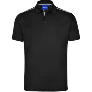 A black short sleeve polo shirt featuring contrast stripes and a logo. Suitable for kids.