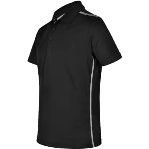 A black short sleeve polo shirt featuring contrast grey side panels and a collar, with a logo on the chest.