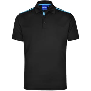A black short sleeve polo shirt featuring contrast blue stripes and a logo on the collar.