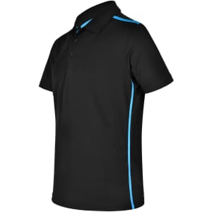 A black short sleeve polo shirt with contrast blue detailing and a logo on the chest.