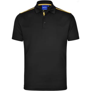 A black short sleeve polo shirt with yellow contrast detailing and a logo on the chest.