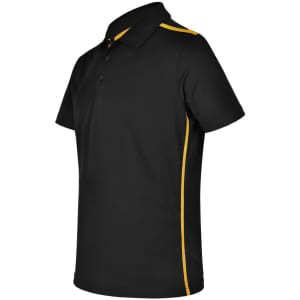 A black short sleeve polo shirt with contrasting yellow side stripes and a logo on the chest.