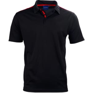 A black short sleeve polo shirt featuring red contrast details and a logo on the chest.