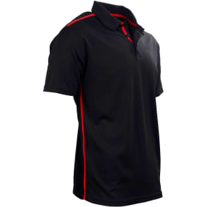 A black polo shirt with red contrast stripes and a collar, featuring a logo. Short sleeves and a sporty design.