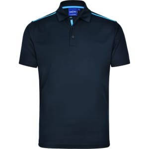 A dark navy short sleeve polo shirt with contrast light blue stripes and a logo on the chest.