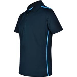 A navy blue short sleeve polo shirt with contrasting light blue side stripes and a logo on the chest.