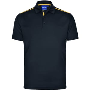Men's rapid cool short sleeve polo in navy with yellow contrast stripes and a logo on the chest.