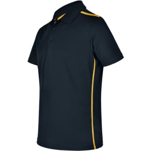 A men's short sleeve polo in navy blue with yellow contrast detailing and a logo on the chest.