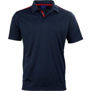 A navy blue short sleeve polo shirt with red contrast details and a logo.