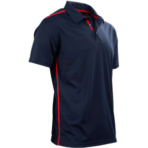 A navy blue polo shirt with contrasting red side stripes and a collar. It features a logo on the chest.