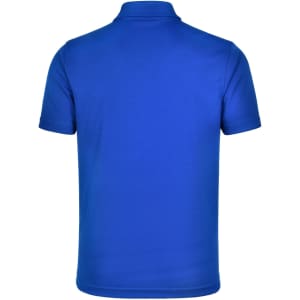 A blue men's short sleeve polo shirt with a smooth finish and a collar, featuring a branding logo.