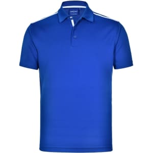 A blue short sleeve polo shirt with contrast detailing and a logo on the chest.