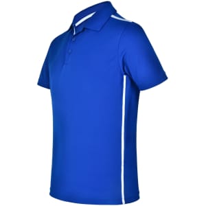 A blue short sleeve polo shirt featuring white contrast stripes and a logo.