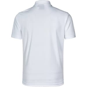 A white men's short sleeve polo shirt with a smooth finish and a brand logo on the back.
