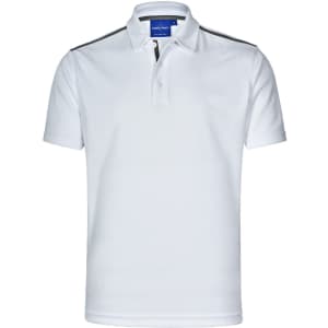 A white short sleeve polo shirt with contrast detailing and a logo on the chest.