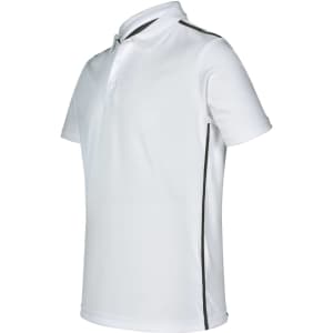 A white polo shirt featuring contrast detailing along the sides and a collar, with a logo present.